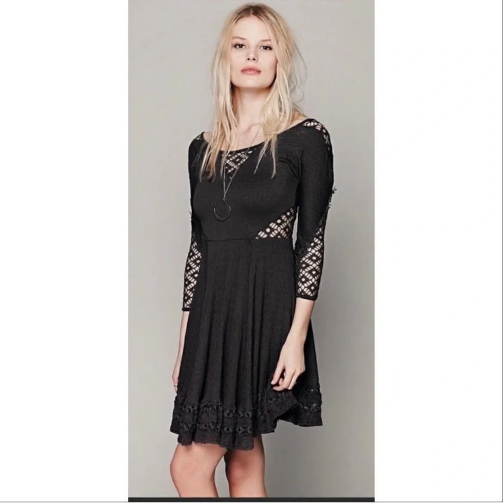 Free People To The Point Lace Cutouts Stretch Skater Dress Black Small Gothic - Picture 2 of 14